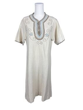 Vintage Caitela 70s Linen Blend Crochet Detail Short Sleeve Pastel Midi Dress L